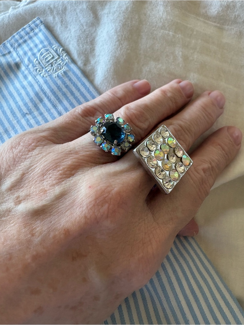 Set of two rings made from vintage clip earrings. Size adjustable.